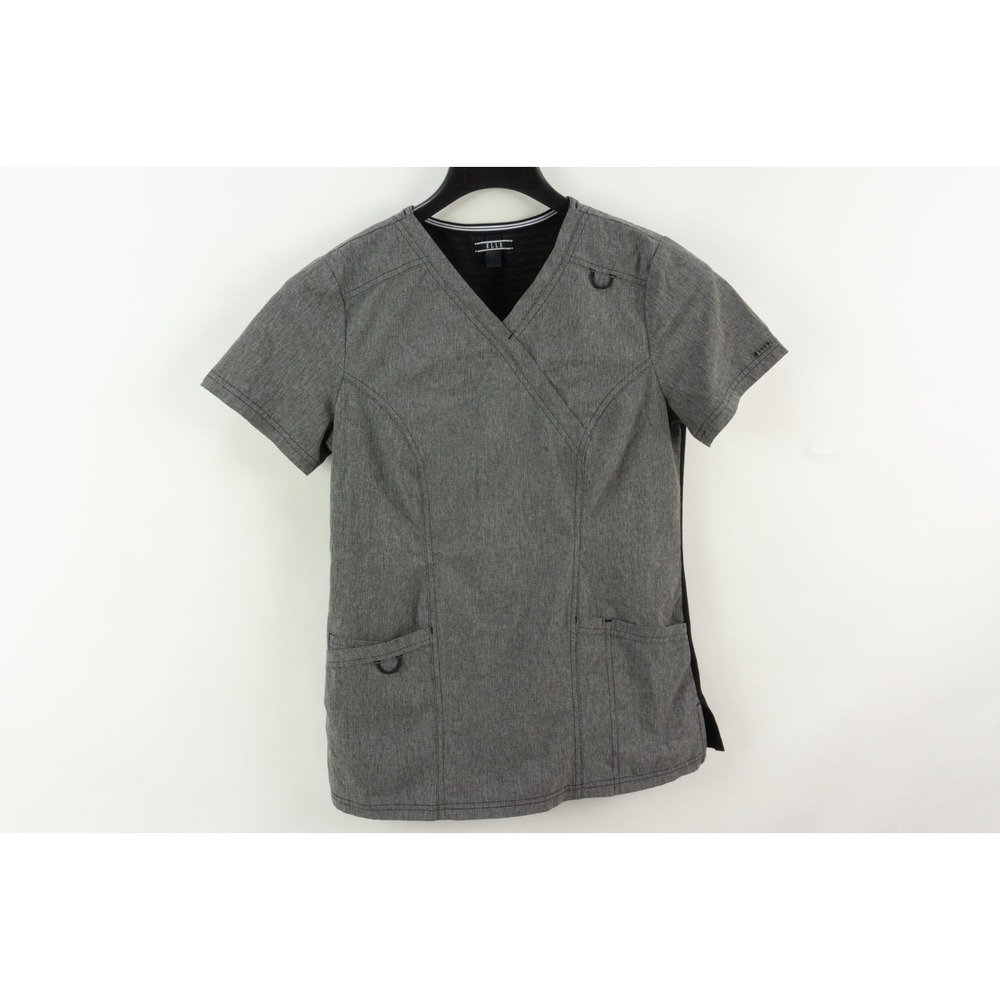 ELLE Womens XS Gray Heather V-Neck Zip Pocket Scrub Top EL620